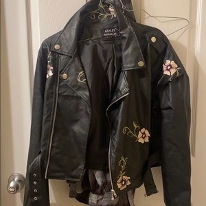 Floral leather jacket, leather material.